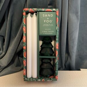 NWT Sand + Fog Gift Set: white taper candles with glass tree-shaped holders